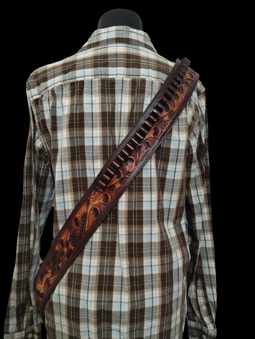 .38/.357 cal. Cross-Body Shoulder Bandolier Two Tone Tooled Leather