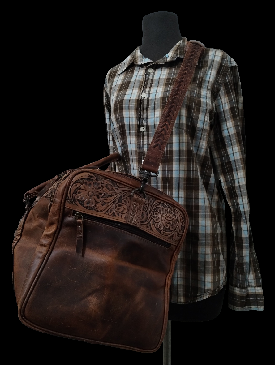 Vintage-Look Distressed Waxed Brown Leather: Plain, Tooled, and Laced/Woven Premium Adventure Duffle Bag - Large