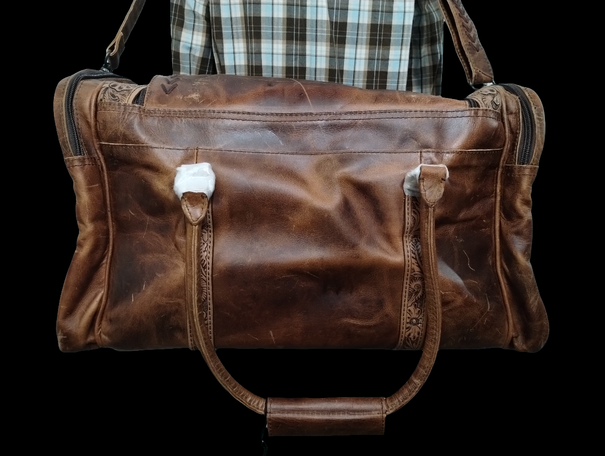 Vintage-Look Distressed Waxed Brown Leather: Plain, Tooled, and Laced/Woven Premium Adventure Duffle Bag - Large