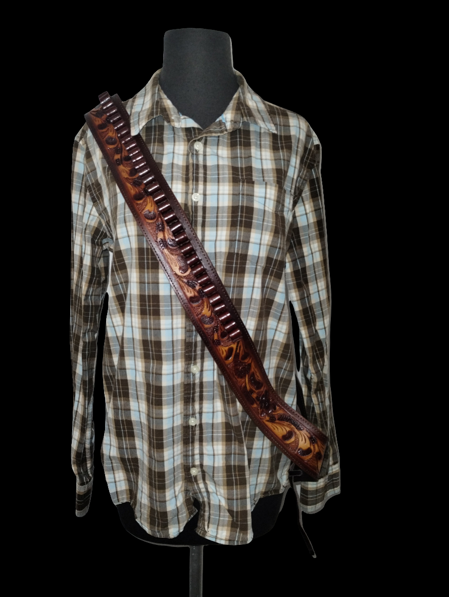 .38/.357 cal. Cross-Body Shoulder Bandolier Two Tone Tooled Leather