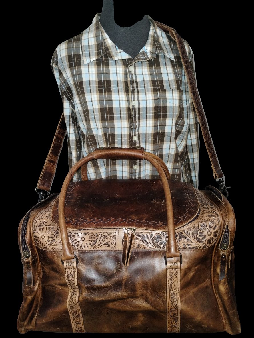 Vintage-Look Distressed Waxed Brown Leather: Plain, Tooled, and Laced/Woven Premium Adventure Duffle Bag - Large