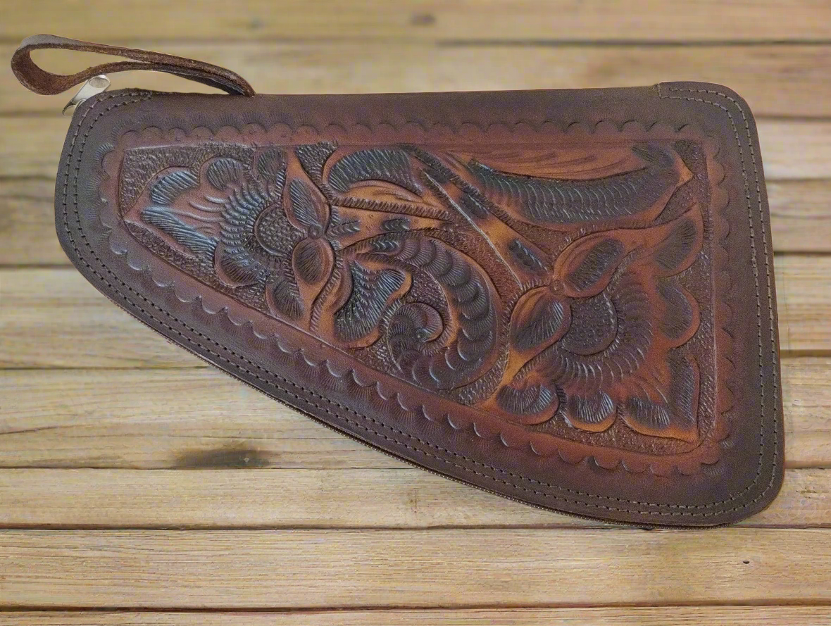 12" x 8" Two Tone Dark Tan Tooled Handgun Case - Medium - Sherpa lined