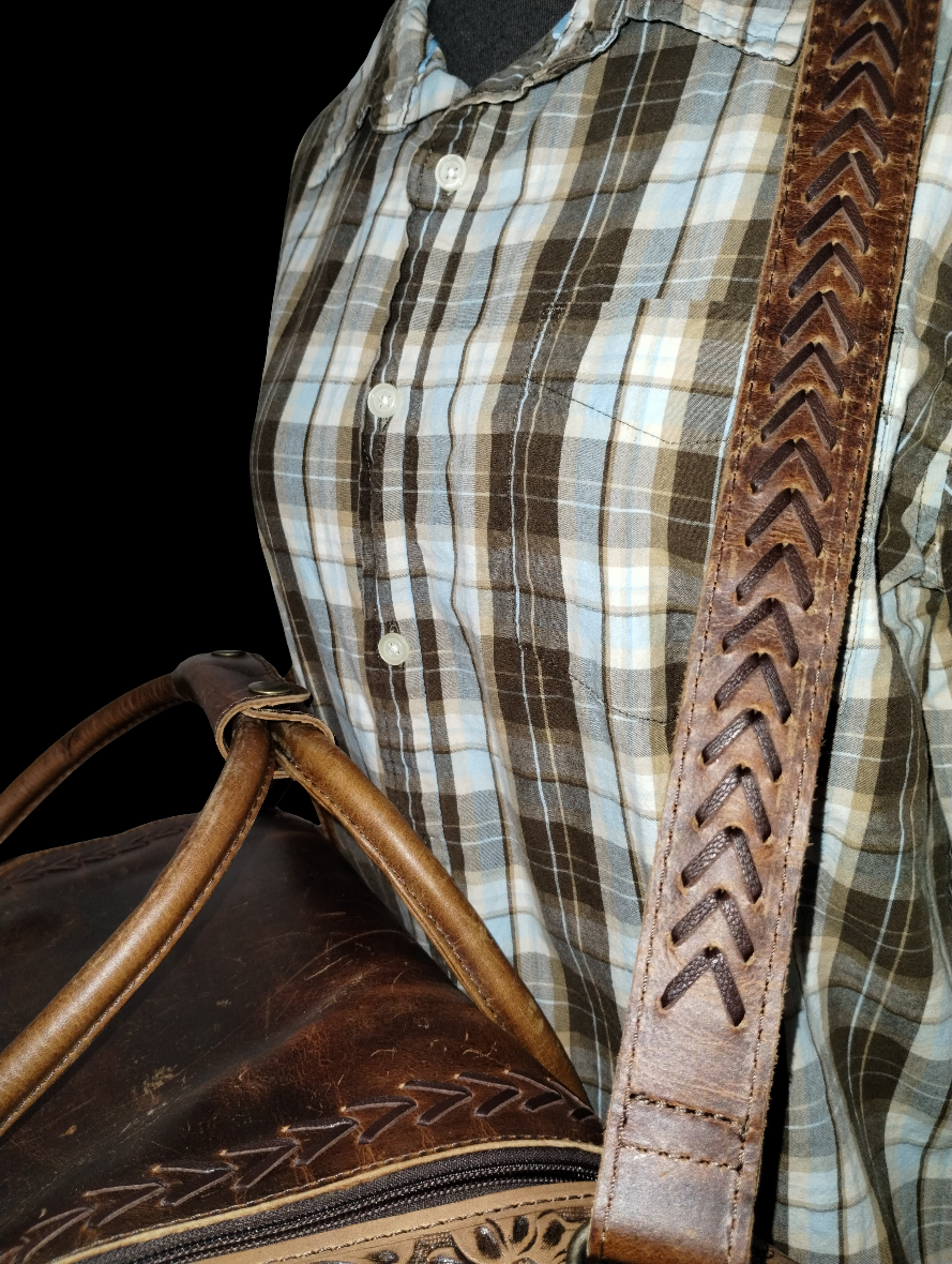 Vintage-Look Distressed Waxed Brown Leather: Plain, Tooled, and Laced/Woven Premium Adventure Duffle Bag - Large