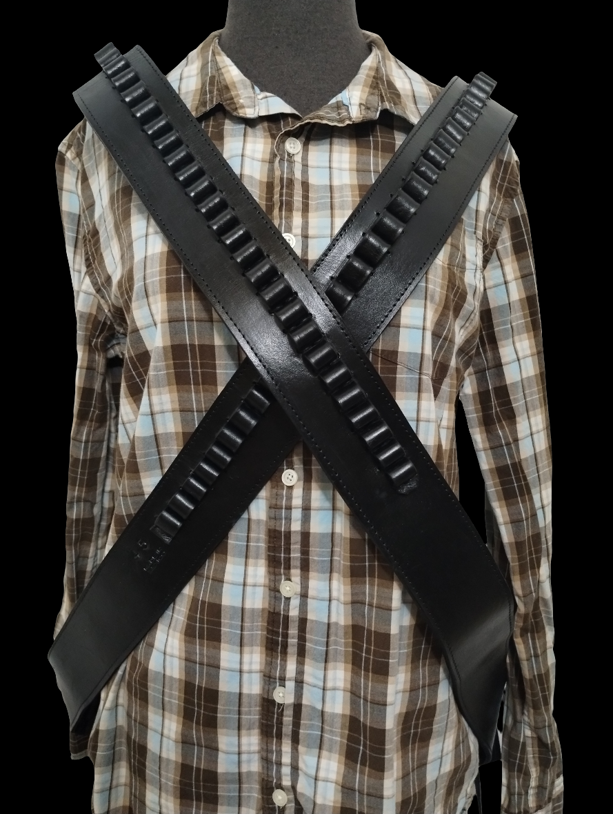 .44 / .45 cal. Black Leather Cross-Body Shoulder Bandolier