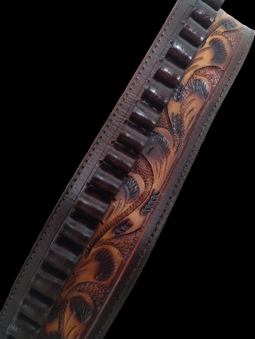 .44 / .45 cal. Cross-Body Shoulder Bandolier Two Tone Tooled Leather