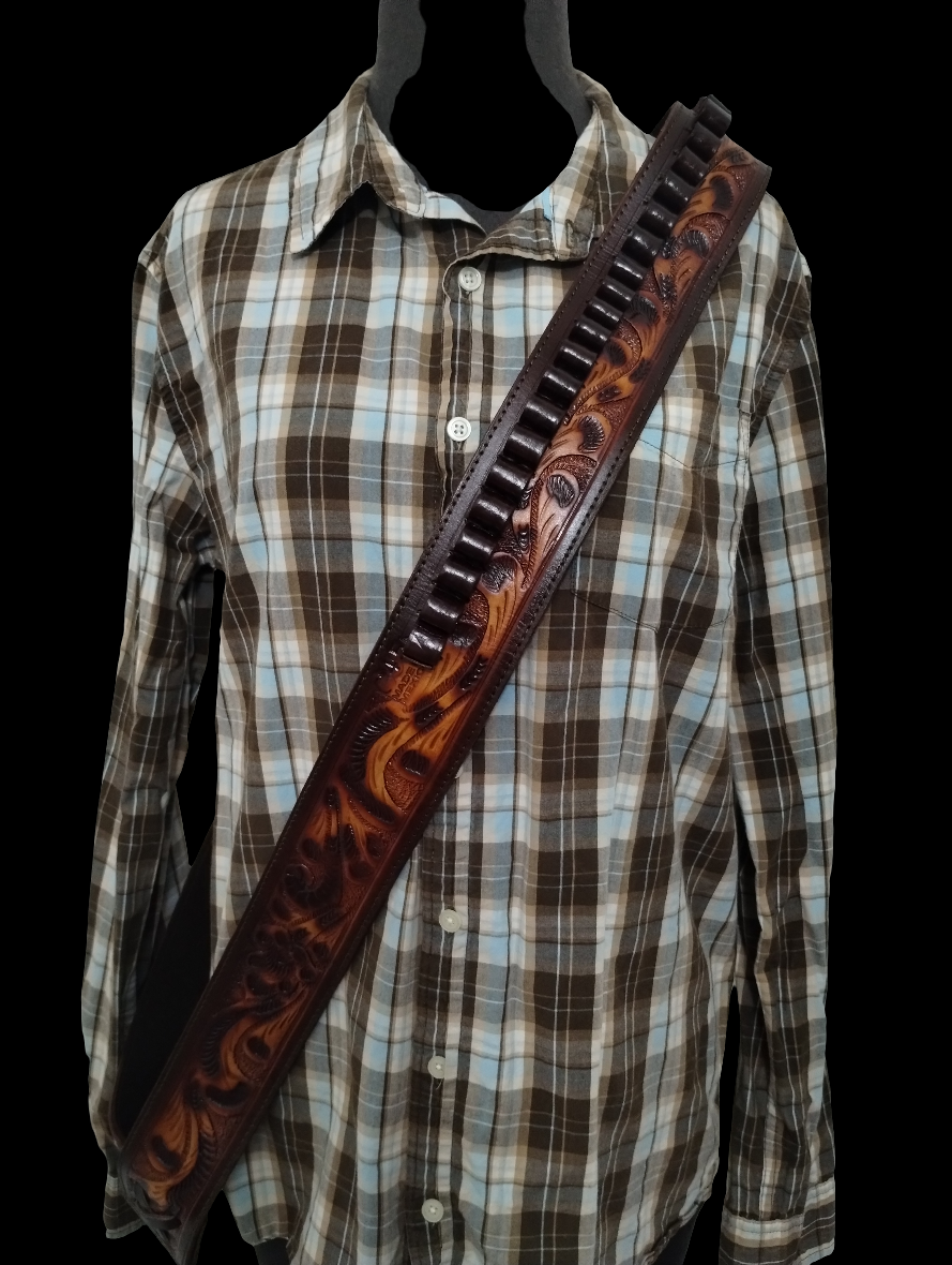 .44 / .45 cal. Cross-Body Shoulder Bandolier Two Tone Tooled Leather