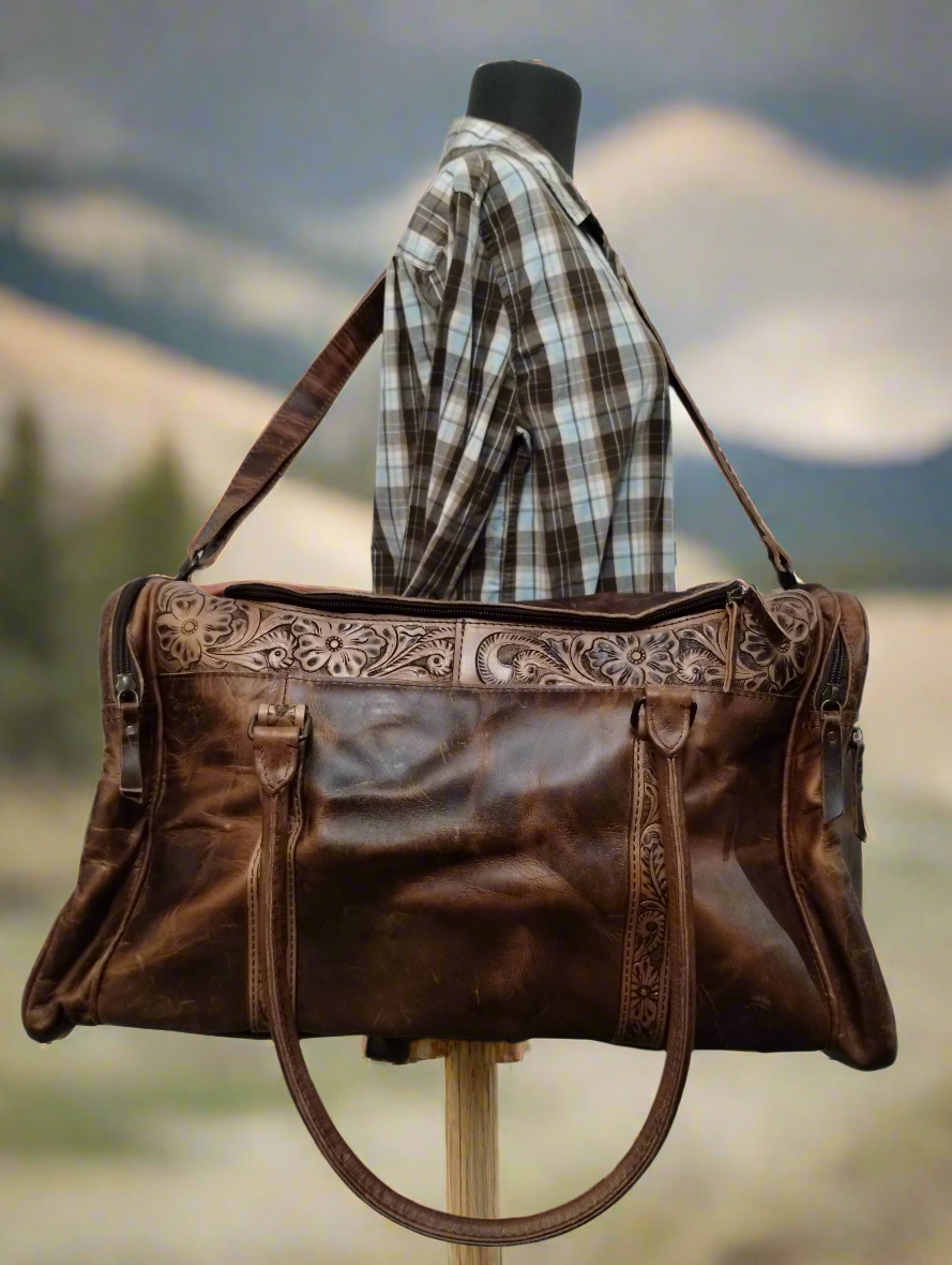 Vintage-Look Distressed Waxed Brown Leather: Plain, Tooled, and Laced/Woven Premium Adventure Duffle Bag - Large