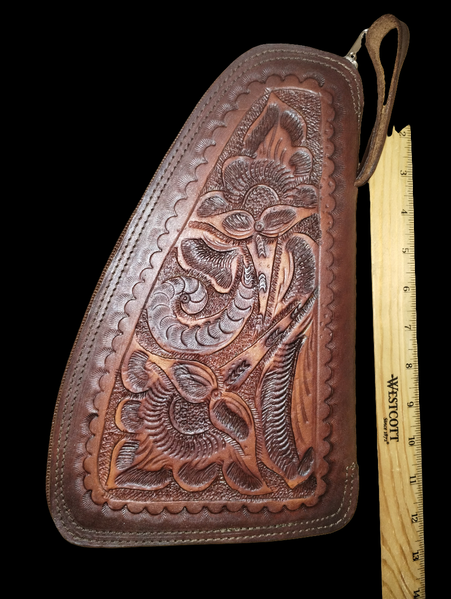 12" x 8" Two Tone Dark Tan Tooled Handgun Case - Medium - Sherpa lined