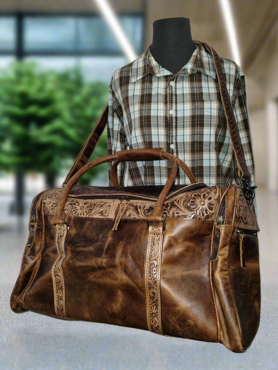 Vintage-Look Distressed Waxed Brown Leather: Plain, Tooled, and Laced/Woven Premium Adventure Duffle Bag - Large