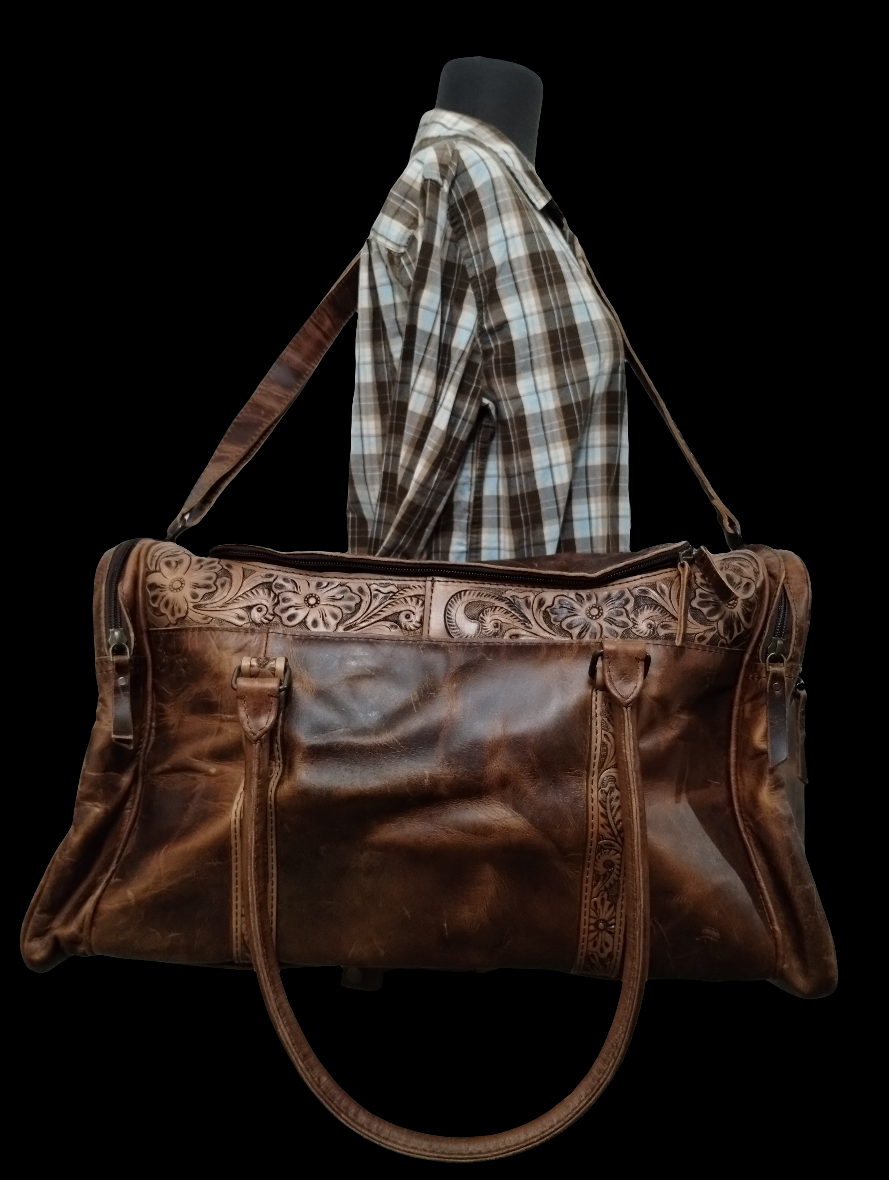 Vintage-Look Distressed Waxed Brown Leather: Plain, Tooled, and Laced/Woven Premium Adventure Duffle Bag - Large