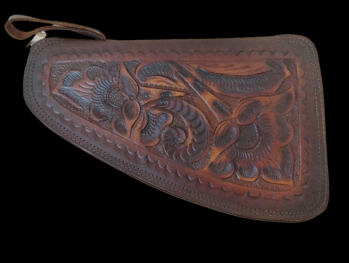 12" x 8" Two Tone Dark Tan Tooled Handgun Case - Medium - Sherpa lined