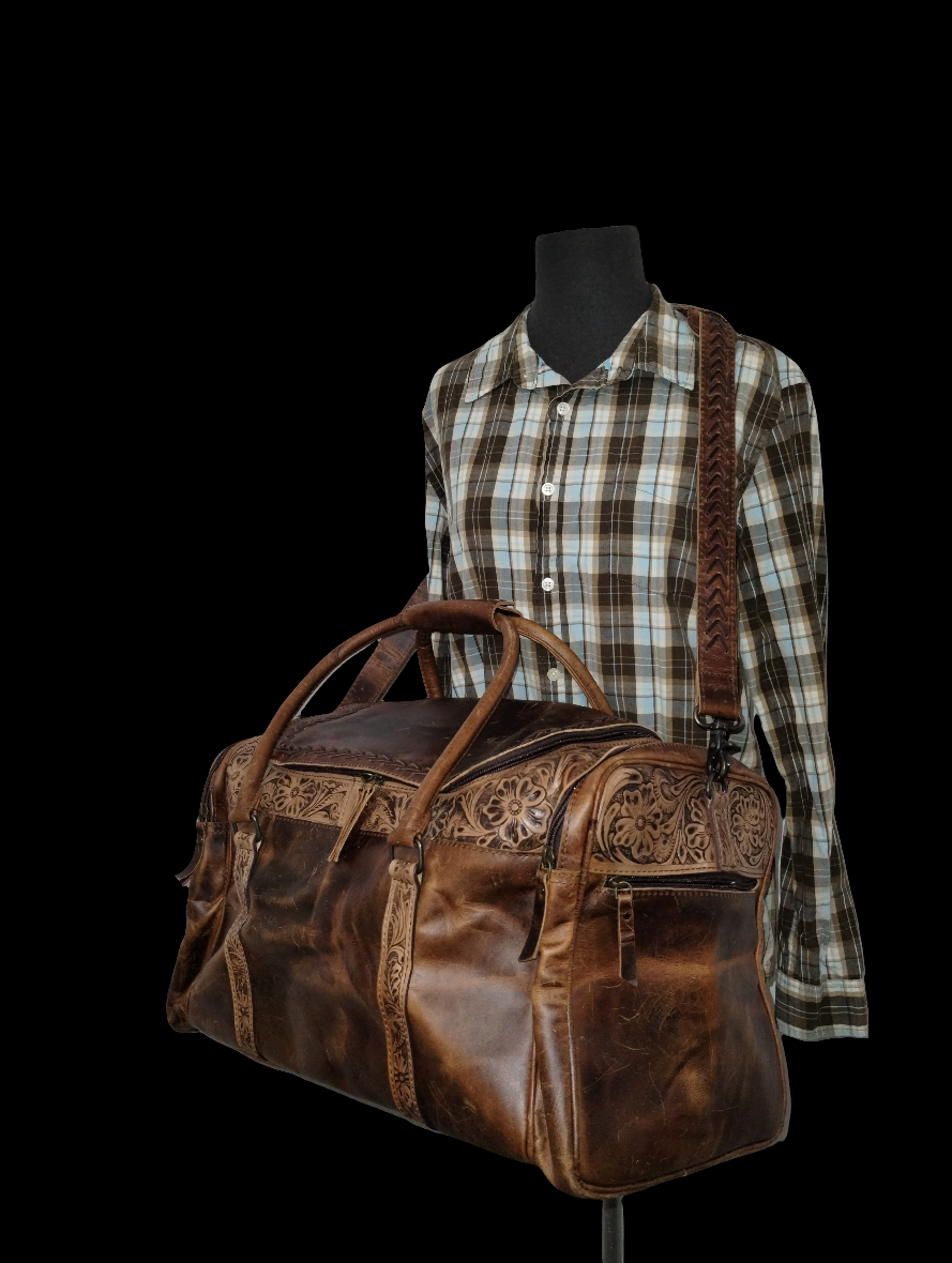 Vintage-Look Distressed Waxed Brown Leather: Plain, Tooled, and Laced/Woven Premium Adventure Duffle Bag - Large