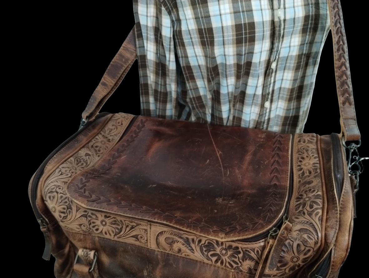 Vintage-Look Distressed Waxed Brown Leather: Plain, Tooled, and Laced/Woven Premium Adventure Duffle Bag - Large