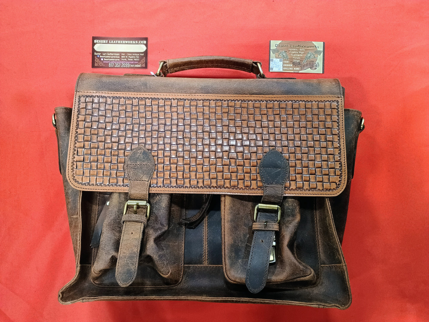 Water Buffalo and Basketweave Leather Laptop Satchel – Heavy-Duty Office Bag with Concealed Carry Pocket