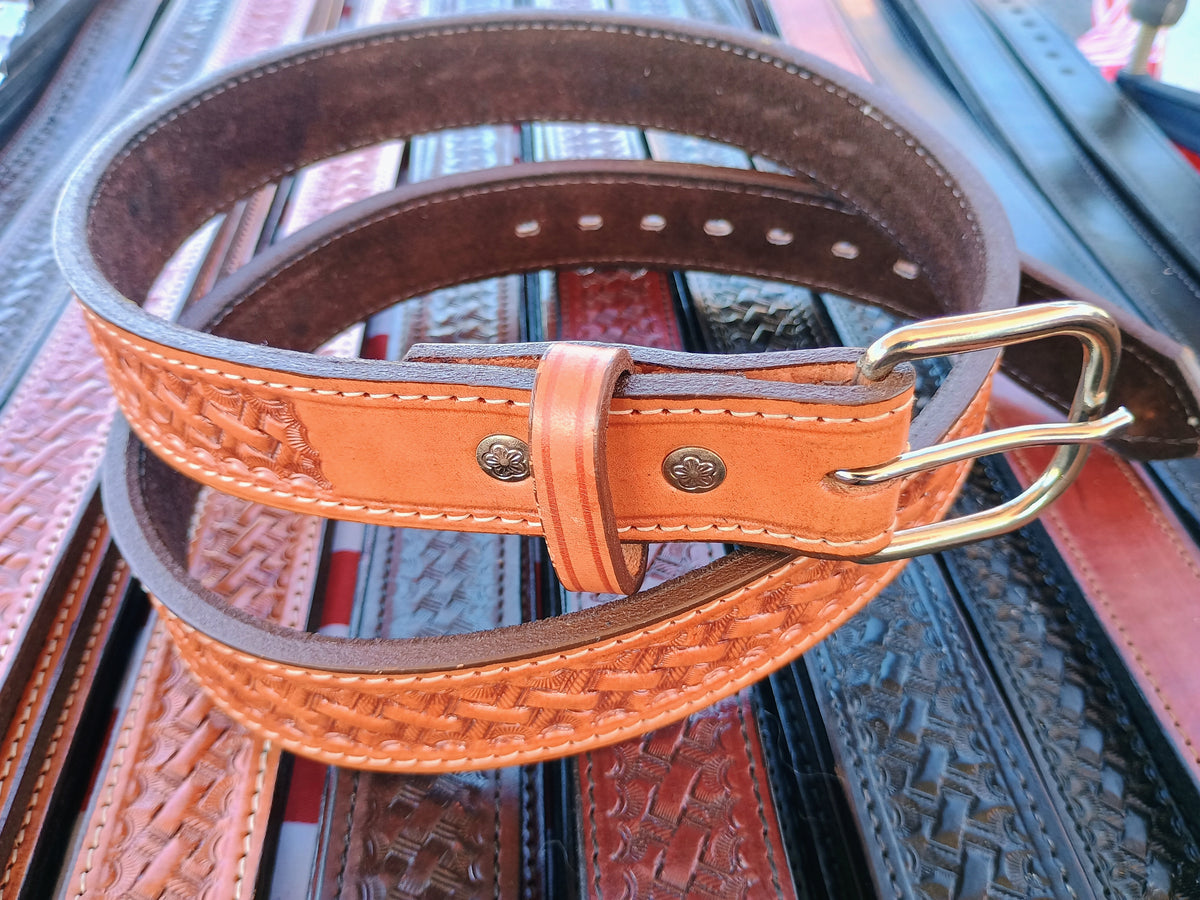 1.25" Classic Western Basket Weave Hand Tooled Full Grain Leather Concealed Carry / Western Belt - Saddle Tan