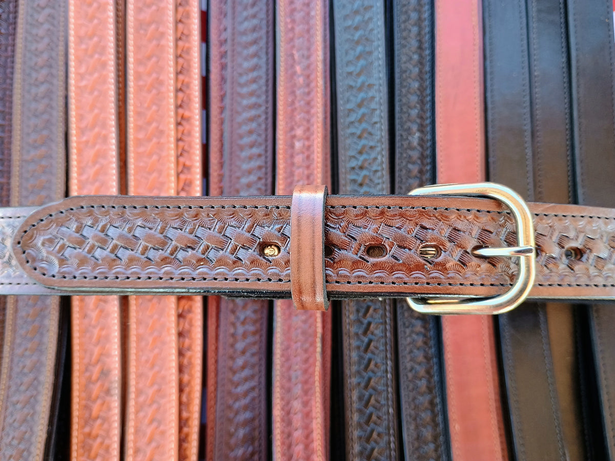 1.25" Classic Western Basket Weave Hand Tooled Full Grain Leather Concealed Carry / Western Belt - Tobacco Brown