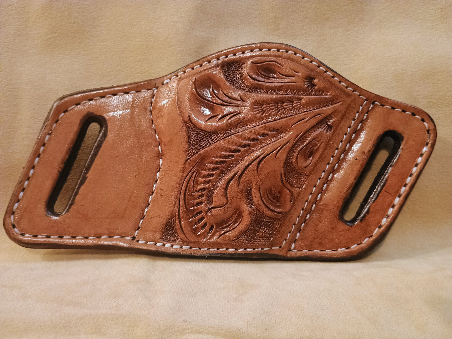 Saddle Tan Western Botanical Leaf Hand Tooled Premium Full Grain Leather Belt Slide Holster – Suede Lined OWB Sizes for Semi-Autos and Revolvers
