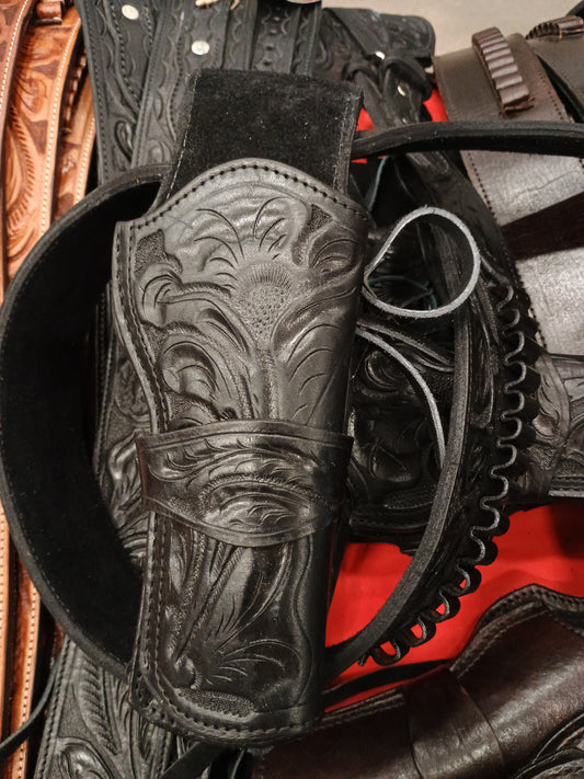 357/38/9mm Black Tooled Desert Gunslinger Western Rig - Desperado Rig: Full Grain Leather; Suede Lined - Right Handed