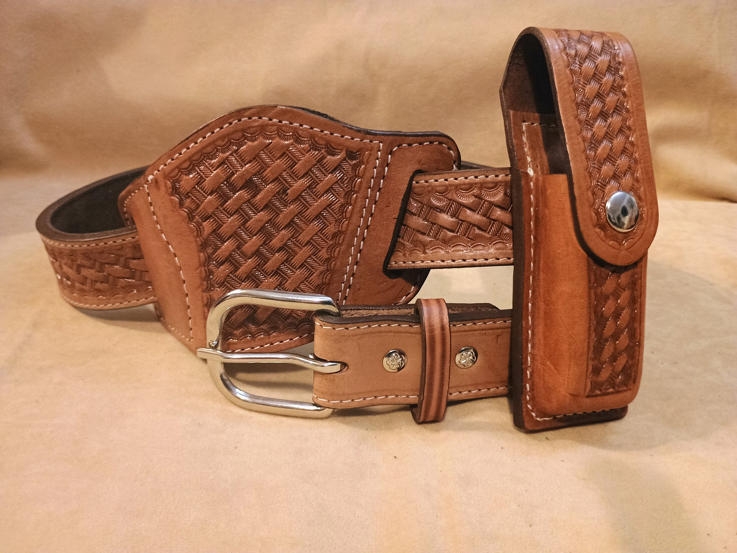 Classic Western Basket Weave Hand Tooled Full Grain Leather Concealed Carry / Western Belt - Tan