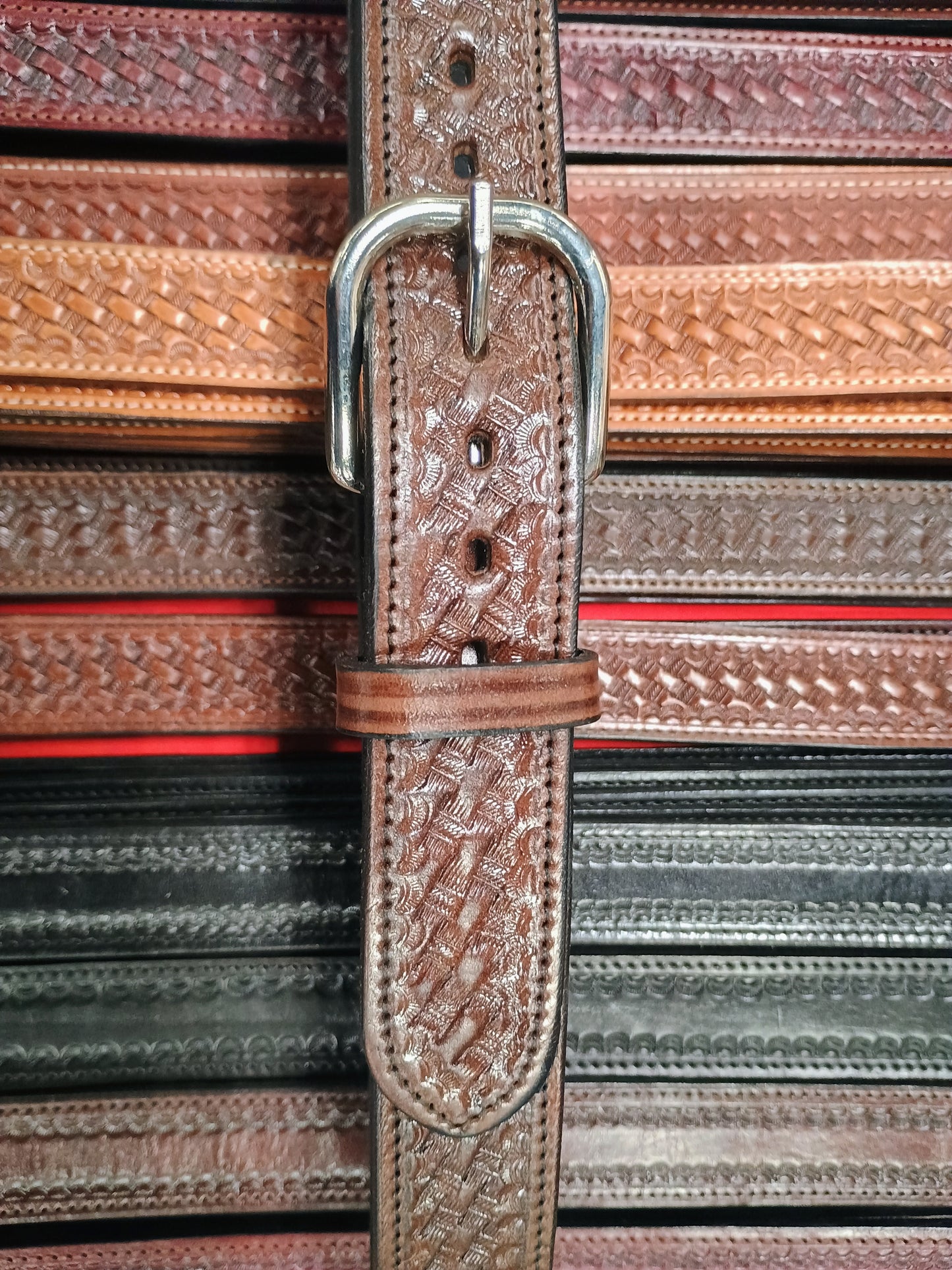 Classic Western Basket Weave Hand Tooled Full Grain Leather Concealed Carry / Western Belt - Tobacco Brown