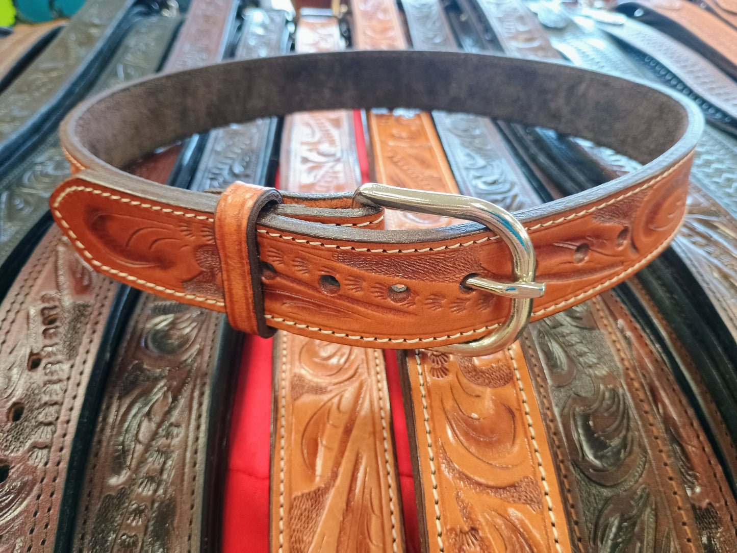 Western Botanical / Leaf Tooled Full Grain Leather Concealed Carry / Western Belt - Tan