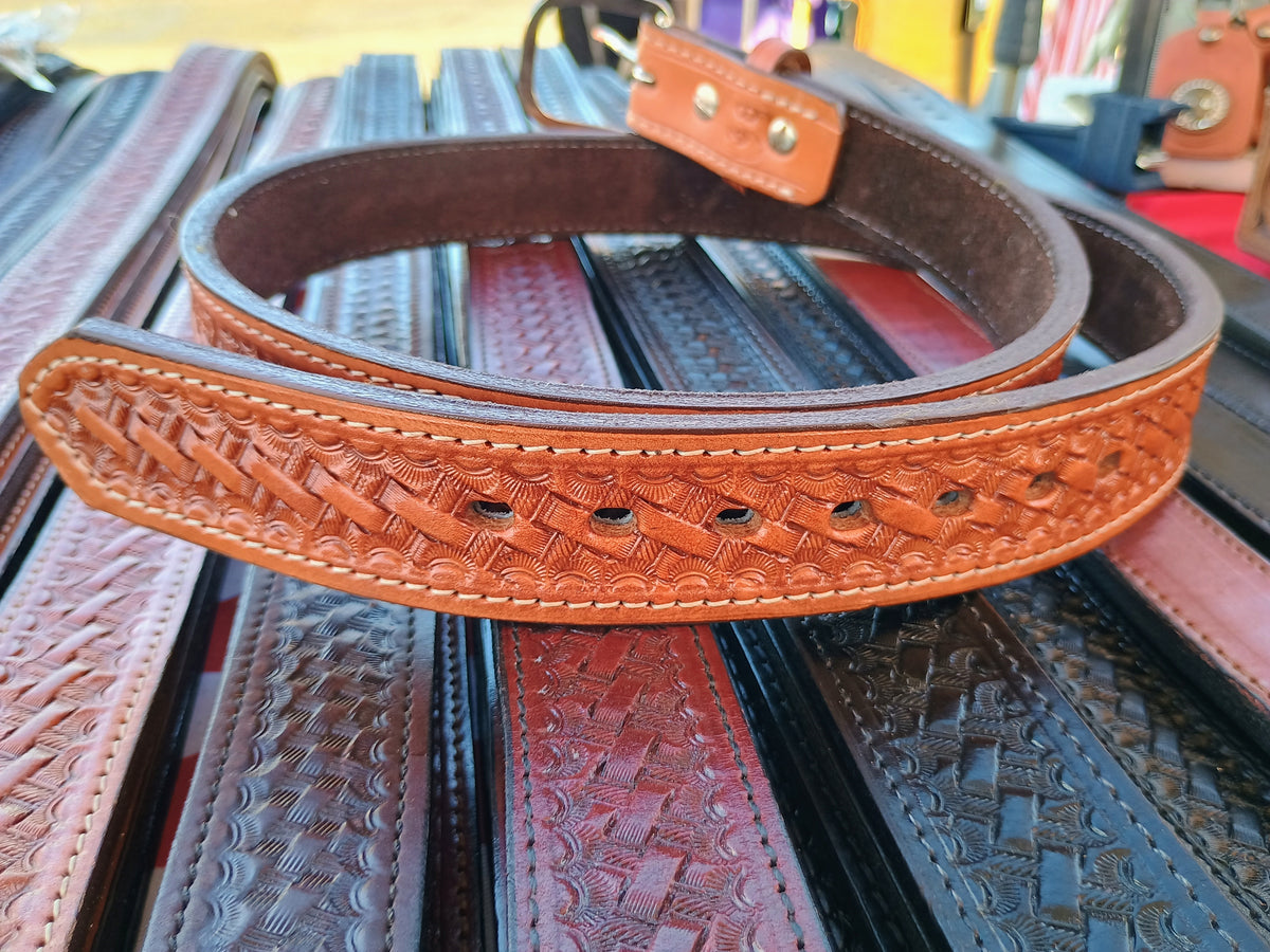 1.25" Classic Western Basket Weave Hand Tooled Full Grain Leather Concealed Carry / Western Belt - Saddle Tan