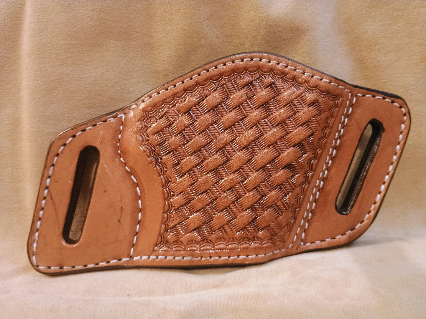 Saddle Tan Basketweave - Premium Full Grain Hand Tooled Leather Belt Slide Holster – Suede Lined OWB Sizes for Semi-Autos & Revolvers