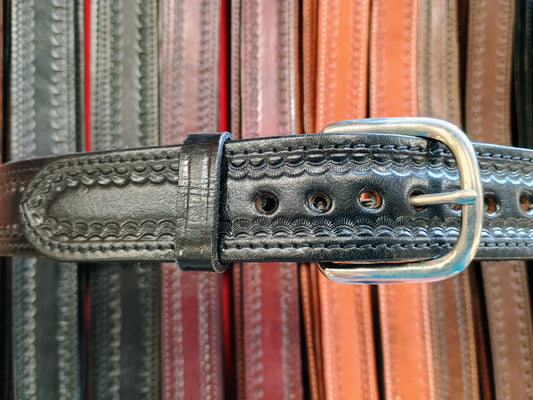 Western Border-Tooled Full Grain Leather Concealed Carry / Western Belt - Classic Black