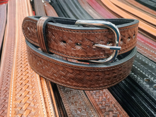 Classic Western Basket Weave Hand Tooled Full Grain Leather Concealed Carry / Western Belt - Tobacco Brown