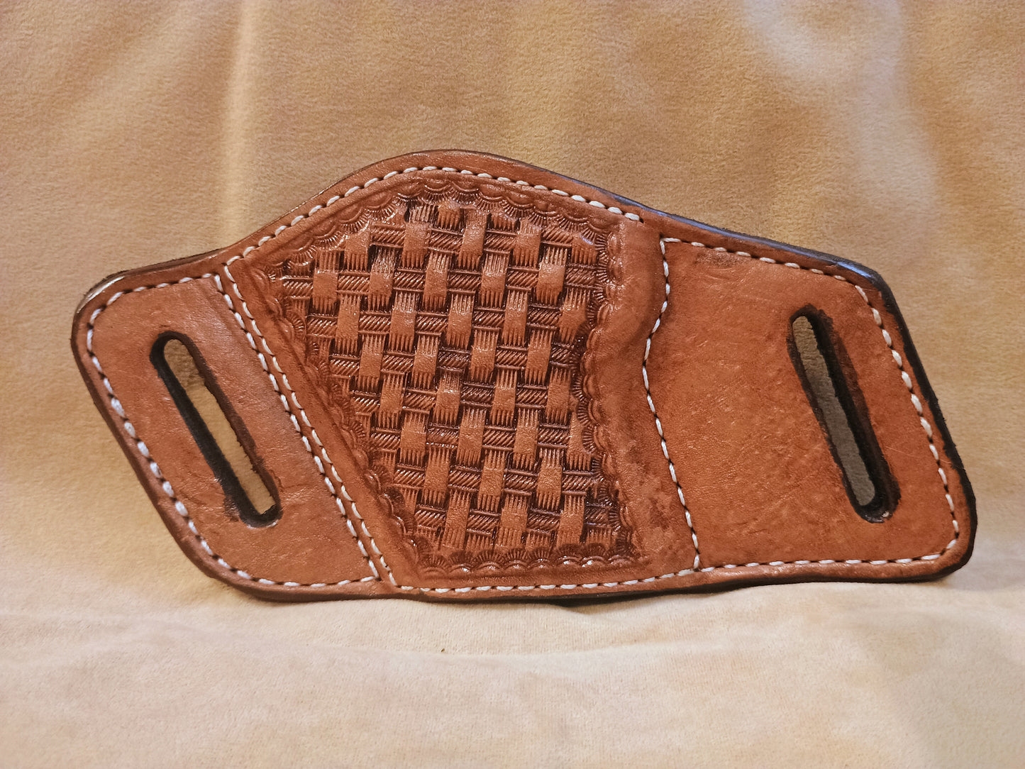 Saddle Tan Basketweave - Premium Full Grain Hand Tooled Leather Belt Slide Holster – Suede Lined OWB Sizes for Semi-Autos & Revolvers