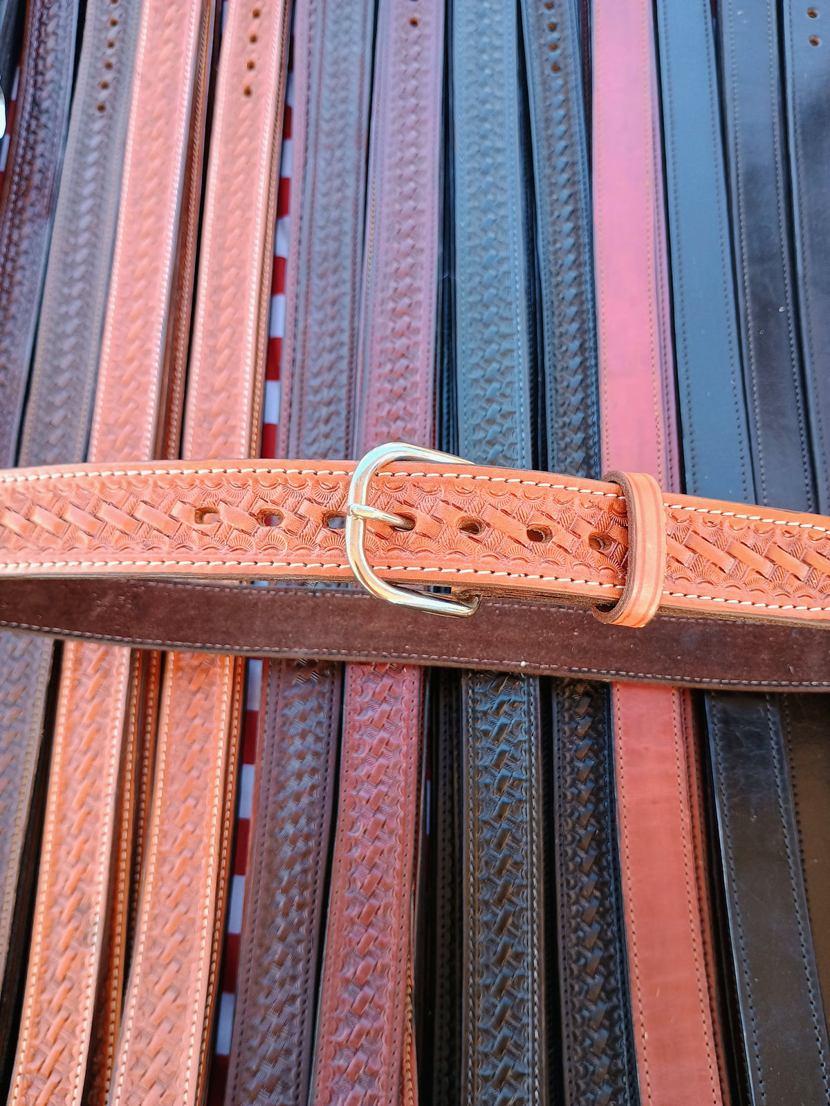 1.25" Classic Western Basket Weave Hand Tooled Full Grain Leather Concealed Carry / Western Belt - Saddle Tan