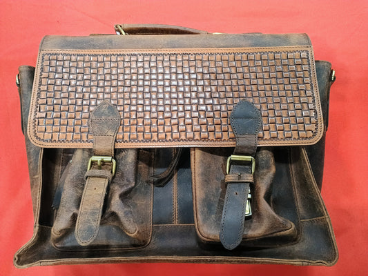 Water Buffalo and Basketweave Leather Laptop Satchel – Heavy-Duty Office Bag with Concealed Carry Pocket