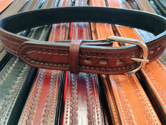 Western Border-Tooled Full Grain Leather Concealed Carry / Western Belt - Cordova Wine