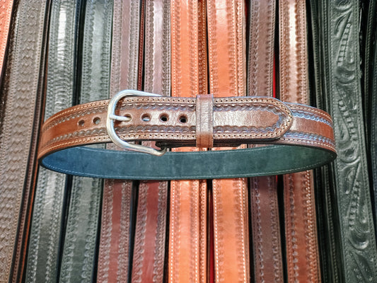 Western Border-Tooled Full Grain Leather Concealed Carry / Western Belt - Tobacco Brown