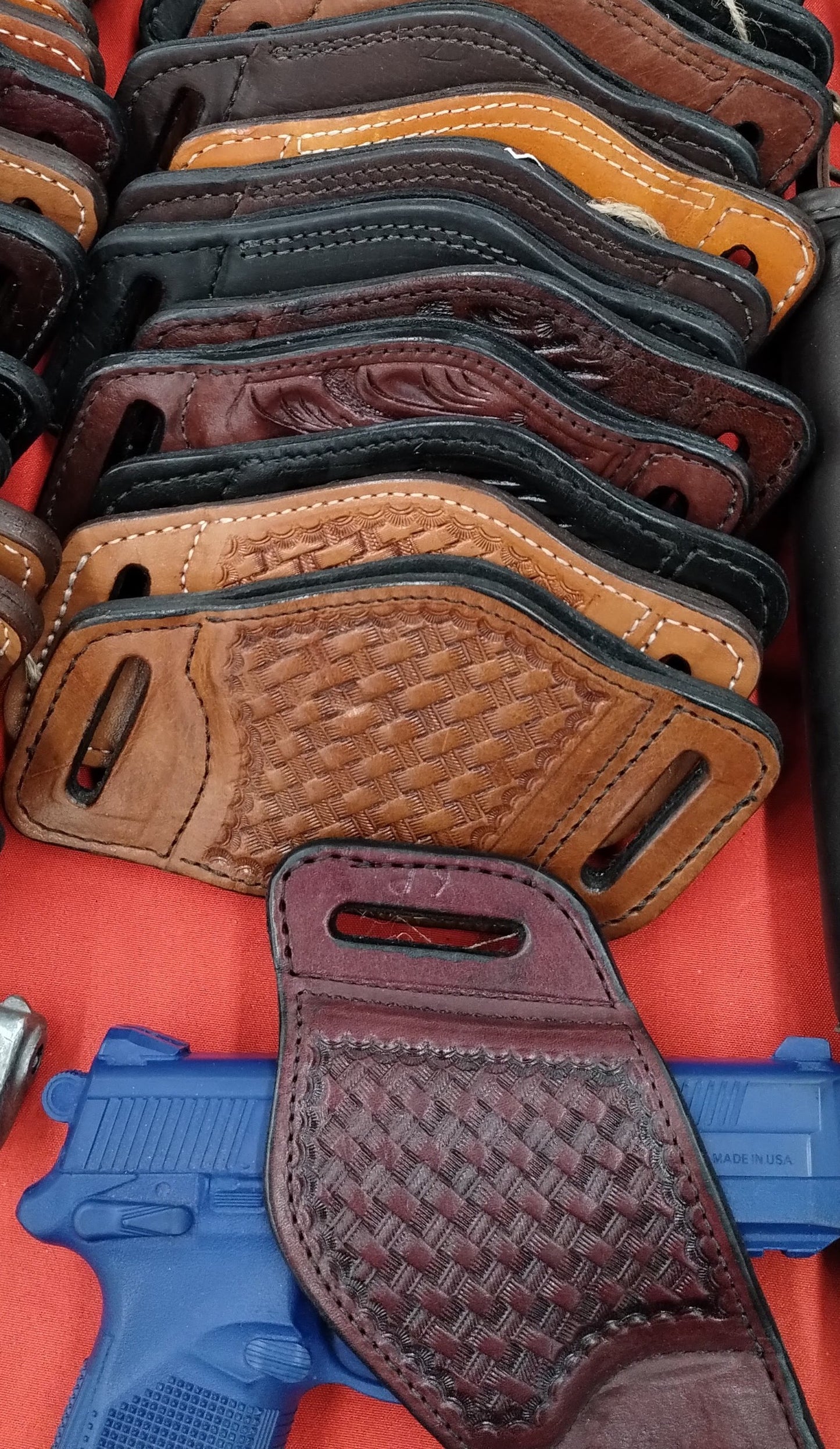 Saddle Tan Basketweave - Premium Full Grain Hand Tooled Leather Belt Slide Holster – Suede Lined OWB Sizes for Semi-Autos & Revolvers