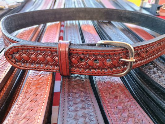 1.25" Classic Western Basket Weave Hand Tooled Full Grain Leather Concealed Carry / Western Belt - Cordovan / Wine