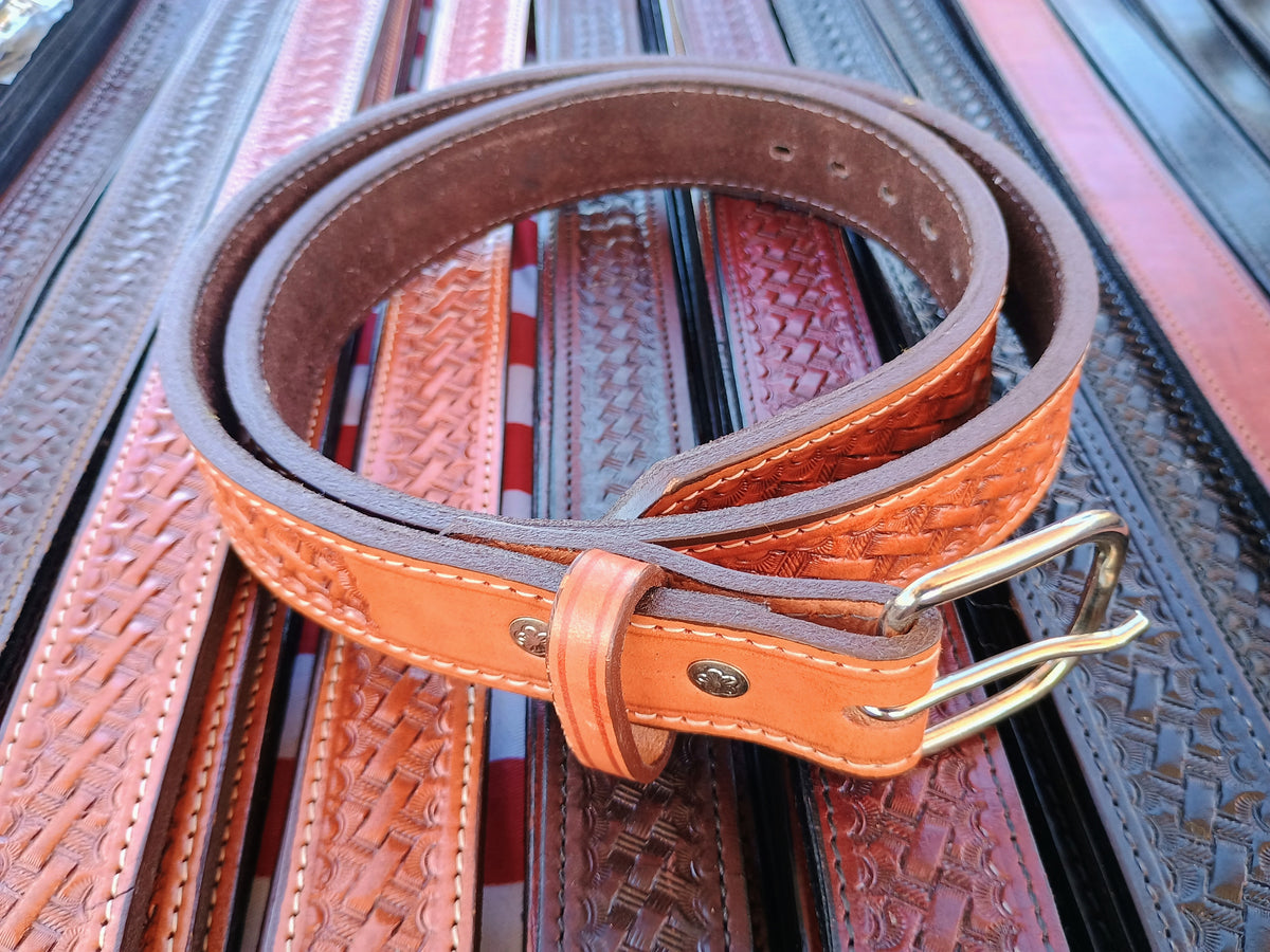 1.25" Classic Western Basket Weave Hand Tooled Full Grain Leather Concealed Carry / Western Belt - Saddle Tan