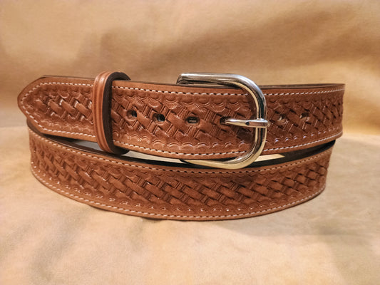 Classic Western Basket Weave Hand Tooled Full Grain Leather Concealed Carry / Western Belt - Tan