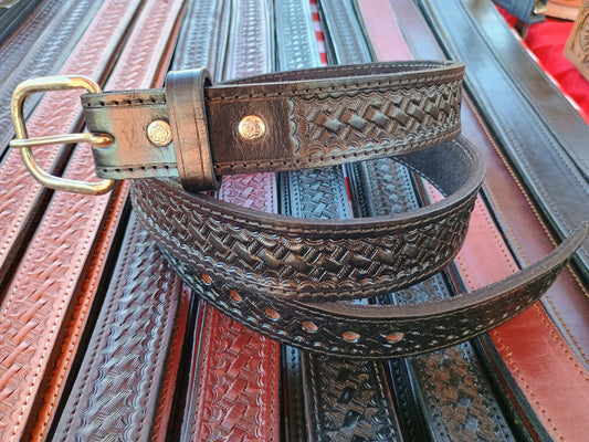 1.25" Classic Western Basket Weave Hand Tooled Full Grain Leather Concealed Carry / Western Belt - Black